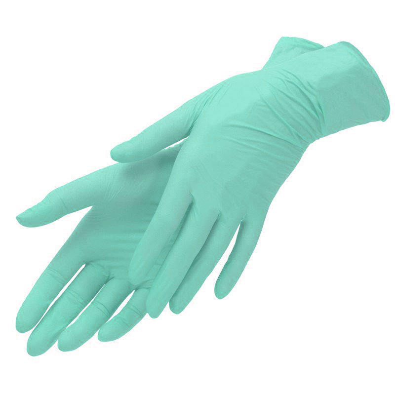 Одноразовые перчатки медицинские латексные зеленого цвета.